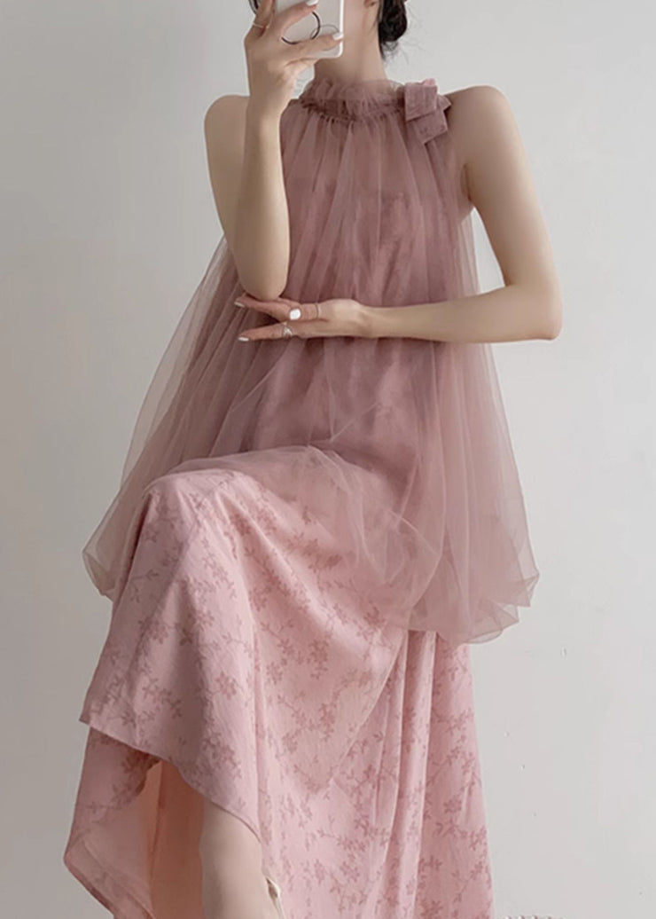 New Pink Halter Design Print Chiffon Dress Sleeveless