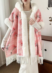 New Pink Hooded Tasseled Patchwork Warm Fleece Coats Half Sleeve