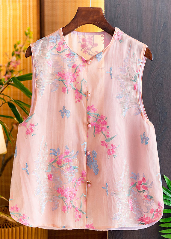 New Pink O-Neck Embroidered Button Silk Waistcoat Sleeveless