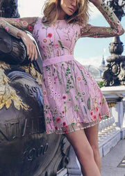 New Pink O-Neck Embroidered Tulle Mid Dress Long Sleeve