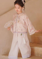 New Pink O-Neck Embroideried Silk Girls Top And Crop Pants Two Pieces Set Flare Sleeve