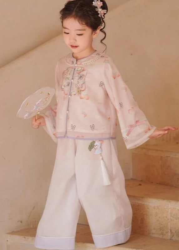 New Pink O-Neck Embroideried Silk Girls Top And Crop Pants Two Pieces Set Flare Sleeve