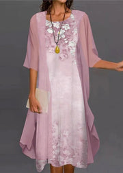 New Pink O-Neck Print Chiffon Two Pieces Set Half Sleeve