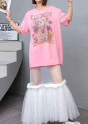 New Pink O-Neck Print Cotton T Shirt Tops And Tulle Skirts Two Pieces Set Summer