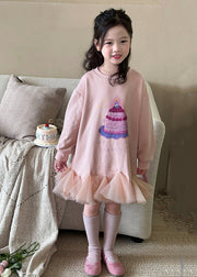 New Pink O-Neck Print Kids Long Dresses Spring