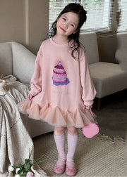 New Pink O-Neck Print Kids Long Dresses Spring