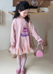 New Pink O-Neck Print Kids Long Dresses Spring