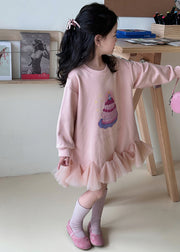 New Pink O-Neck Print Kids Long Dresses Spring