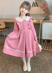 New Pink O-Neck Ruffled Patchwork Kids Long Dresses Fall