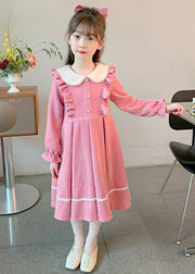 New Pink O-Neck Ruffled Patchwork Kids Long Dresses Fall