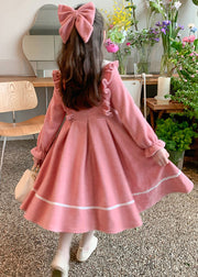 New Pink O-Neck Ruffled Patchwork Kids Long Dresses Fall