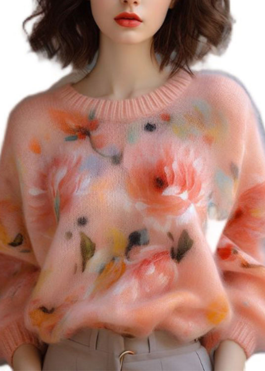 New Pink O Neck Thick Print Knit Sweater Spring