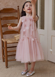 New Pink Original Design Ruffled Tulle Girls Long Dress Sleeveless