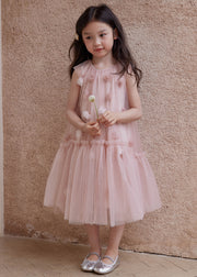 New Pink Original Design Ruffled Tulle Girls Long Dress Sleeveless