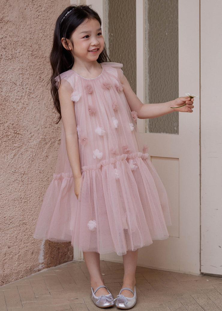 New Pink Original Design Ruffled Tulle Girls Long Dress Sleeveless