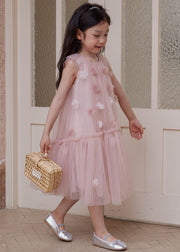 New Pink Original Design Ruffled Tulle Girls Long Dress Sleeveless