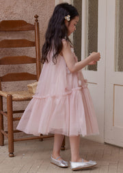 New Pink Original Design Ruffled Tulle Girls Long Dress Sleeveless