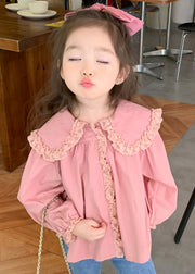 New Pink Peter Pan Collar Lace Patchwork Cotton Girls Blouses Spring