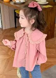 New Pink Peter Pan Collar Lace Patchwork Cotton Girls Blouses Spring