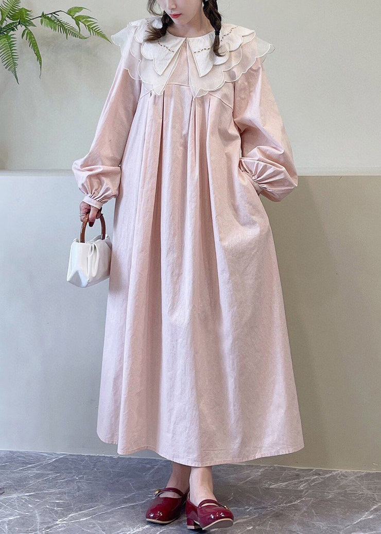 New Pink Peter Pan Collar Solid Cotton Dresses Spring