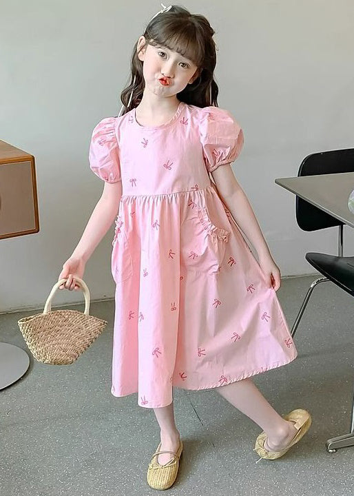 New Pink Pockets Lace Up Cotton Kids Girls Dresses Puff Sleeve