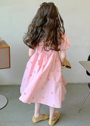 New Pink Pockets Lace Up Cotton Kids Girls Dresses Puff Sleeve