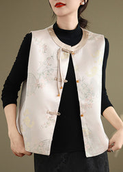 New Pink Print Chinese Button Silk Waistcoat Sleeveless