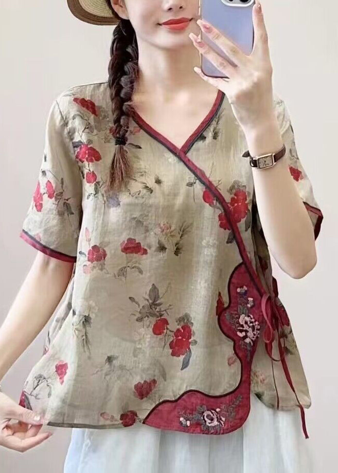 New Pink Print Lace Up Patchwork Linen Shirt Summer