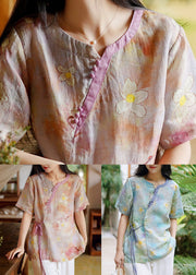 New Pink Print Low High Design Patchwork Linen Shirt Summer