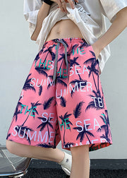 New Pink Print Pockets Elastic Waist Cotton Men Beach Shorts Summer