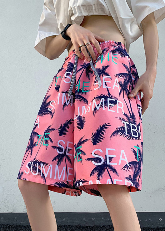 New Pink Print Pockets Elastic Waist Cotton Men Beach Shorts Summer