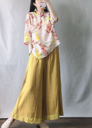 New Pink Print Tops And Yellow Wide Leg Pants Cotton Two-Piece Set Half Sleeve