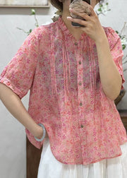 New Pink Ruffled Button Print Linen Shirt Summer