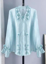 New Pink Ruffled Button Silk Shirt Long Sleeve