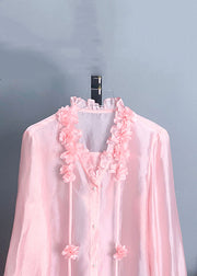 New Pink Ruffled Button Silk Shirt Long Sleeve