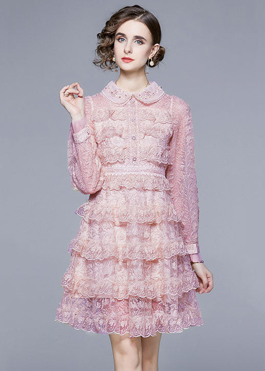 New Pink Ruffled Lace Button Patchwork Tulle Mid Dress Summer