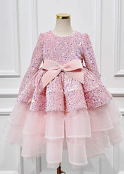 New Pink Sequins Tulle Patchwork Bow Girls Maxi Dresses Spring