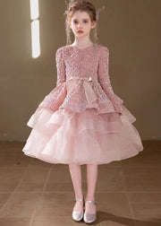 New Pink Sequins Tulle Patchwork Bow Girls Maxi Dresses Spring