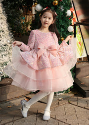 New Pink Sequins Tulle Patchwork Bow Girls Maxi Dresses Spring