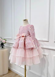 New Pink Sequins Tulle Patchwork Bow Girls Maxi Dresses Spring