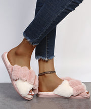 New Pink Slippers Shoes Fuzzy Fur Fitted Splicing Cross Strap