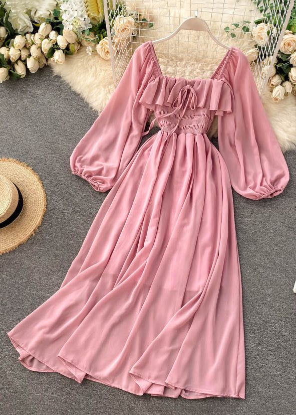 New Pink Square Collar Ruffled Chiffon Dress Fall