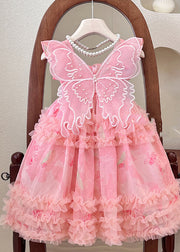 New Pink Square Collar Wrinkled Tulle Girls Maxi Dresses Summer