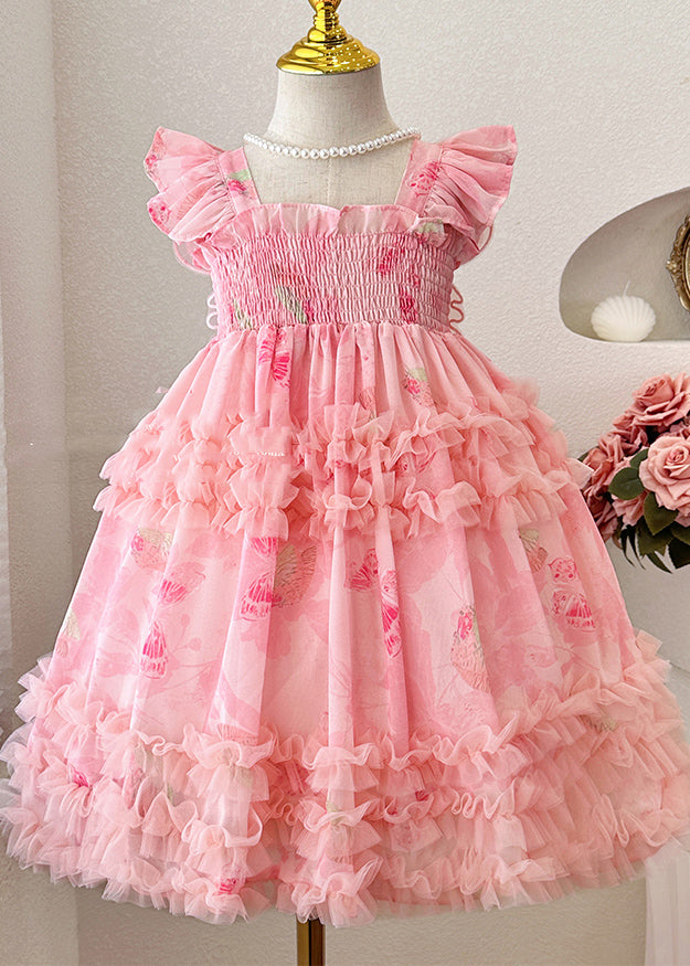 New Pink Square Collar Wrinkled Tulle Girls Maxi Dresses Summer