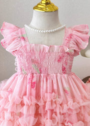 New Pink Square Collar Wrinkled Tulle Girls Maxi Dresses Summer