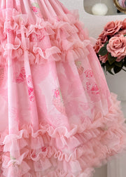 New Pink Square Collar Wrinkled Tulle Girls Maxi Dresses Summer