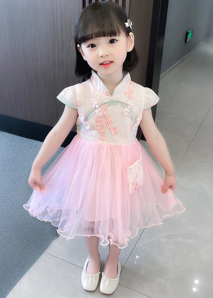 New Pink Stand Collar Lace Up Tulle Patchwork Girls Dress Summer