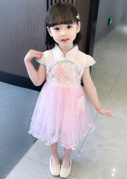 New Pink Stand Collar Lace Up Tulle Patchwork Girls Dress Summer