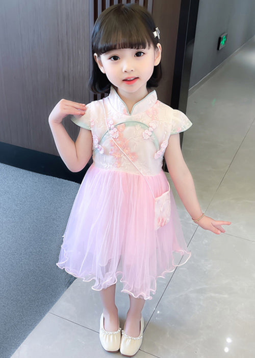 New Pink Stand Collar Lace Up Tulle Patchwork Girls Dress Summer