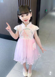 New Pink Stand Collar Lace Up Tulle Patchwork Girls Dress Summer